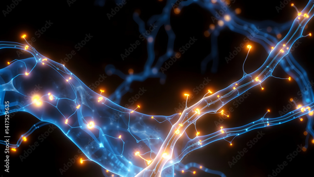 Poster abstract glowing lines of blue and black swirl with fractal energy and motion, creating a futuristic