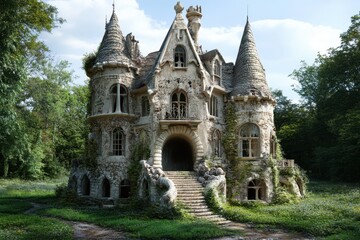 Obraz premium Abandoned fairytale castle surrounded by lush greenery in a serene forest setting