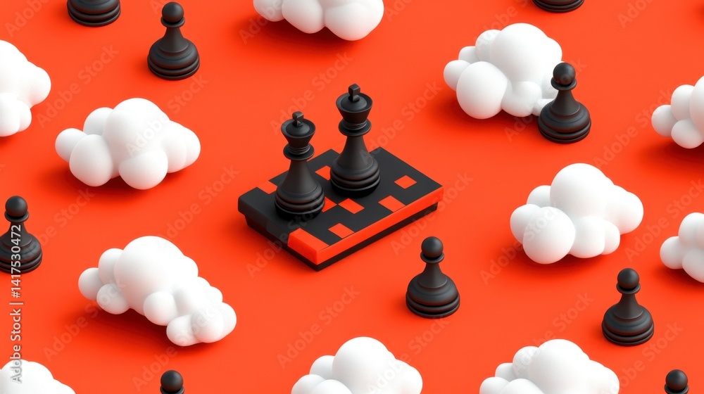 Poster black chess pieces on a red background with white clouds. low poly 3d render.