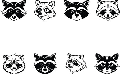 A cute Raccoon Head silhouette vector illustration, Raccoon Head isolated line art vector, Raccoon Head vector logo icon design set
