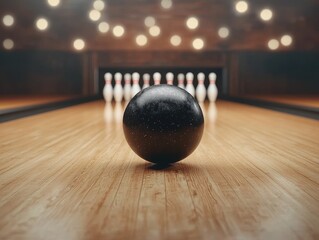 Black Bowling Ball Rolling Towards Pins in an Alley Setting