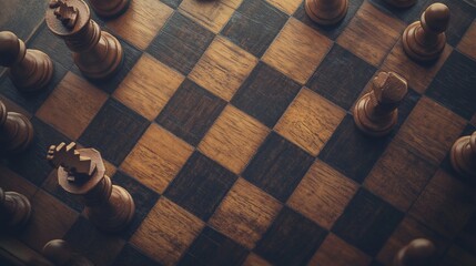 Close-up view of a wooden chess board and pieces with strategic game play