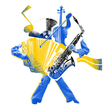 Design with abstract figure made from instruments like accordion, saxophone, and violin in blue-yellow duotone against white background. Music, festival, creative poster, ads concept. Photocopy effect