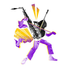 Abstract figure blended from saxophone, accordion, and double bass in purple-yellow scheme. Live...
