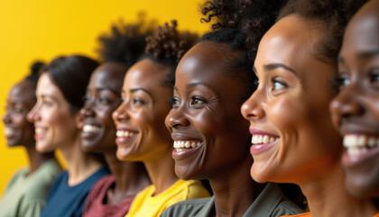 Obraz premium A diverse team is smiling brightly in an office, exuding positivity and unity. The professional setting emphasizes collaboration, with colleagues showcasing an inclusive and cheerful atmosphere