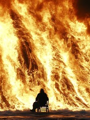 Woman watching giant bonfire.