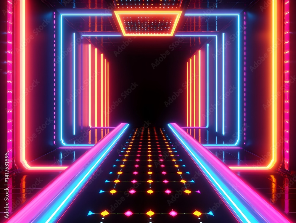 Aufkleber neon glowing tunnel with vibrant color patterns.