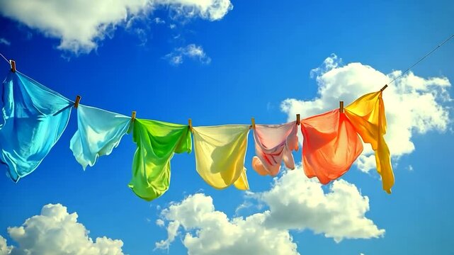 Colorful clothes drying on a clothesline under a sunny sky