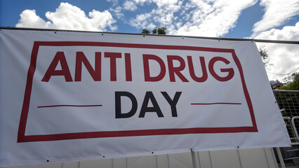 A bold statement against drug abuse, a stark white banner declaring "Anti Drug Day" under a bright blue sky with fluffy clouds.