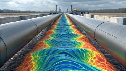 A vibrant visualization of fluid dynamics featuring colorful waves flowing between large pipes, set against a cloudy sky and industrial backdrop.