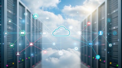 A digital illustration depicting cloud computing, with server racks and interconnected icons representing data exchange in a cloud environment.