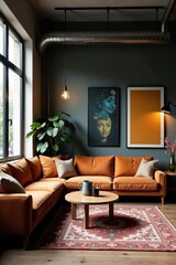 Modern eclectic living room with high ceilings, industrial light fixtures, cozy seating area, furniture, high ceilings