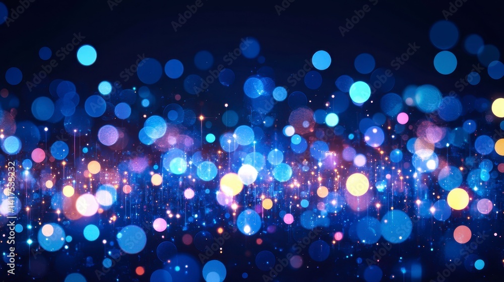 Poster abstract background with colorful bokeh lights and sparkles. dark blue background with glowing light