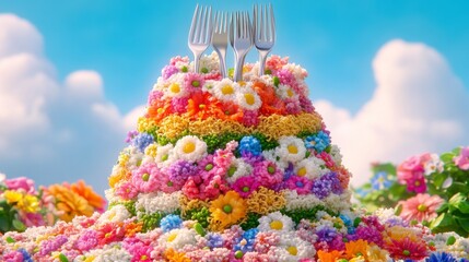 A vibrant flower arrangement shaped like a cone, adorned with forks, set against a bright blue sky with fluffy clouds.