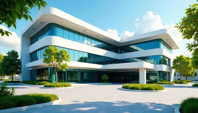 Modern hospital exterior with curved lines, greenery, and ample natural light, care, modern