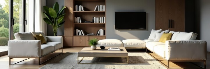 Modern living room setup with glass coffee table and book collection, lifestyle, arrangement