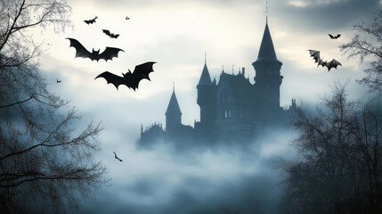 Fototapeta premium A castle is surrounded by trees and fog, with bats flying overhead