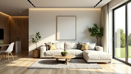 Modern living room with olive tree in foreground, neutral tones, minimalistic design, indoor plant , contemporary