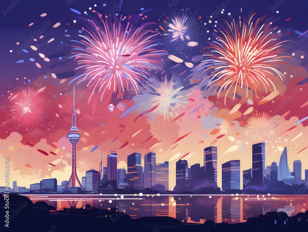 Aufkleber 夜空に咲くカラフルな花火が都市のシルエットを照らすお祝いの風景