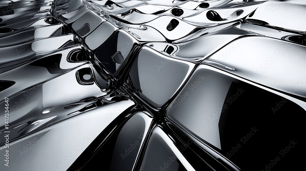 Poster abstract chrome wave surface with reflective cubes in a fluid arrangement