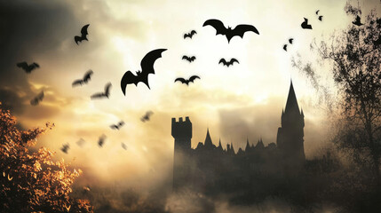 Fototapeta premium A castle is in the background with a group of bats flying in the sky
