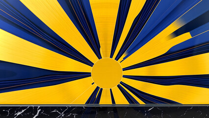 Art Deco-style sunburst pattern in brushed gold with cobalt data streams radiating outward, black marble base for contrast