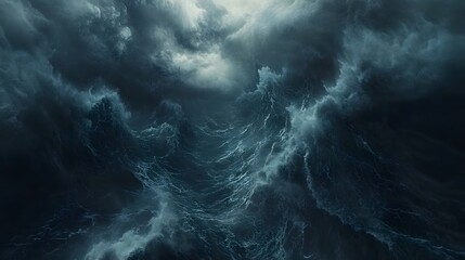 A dramatic ocean storm with towering waves and dark skies