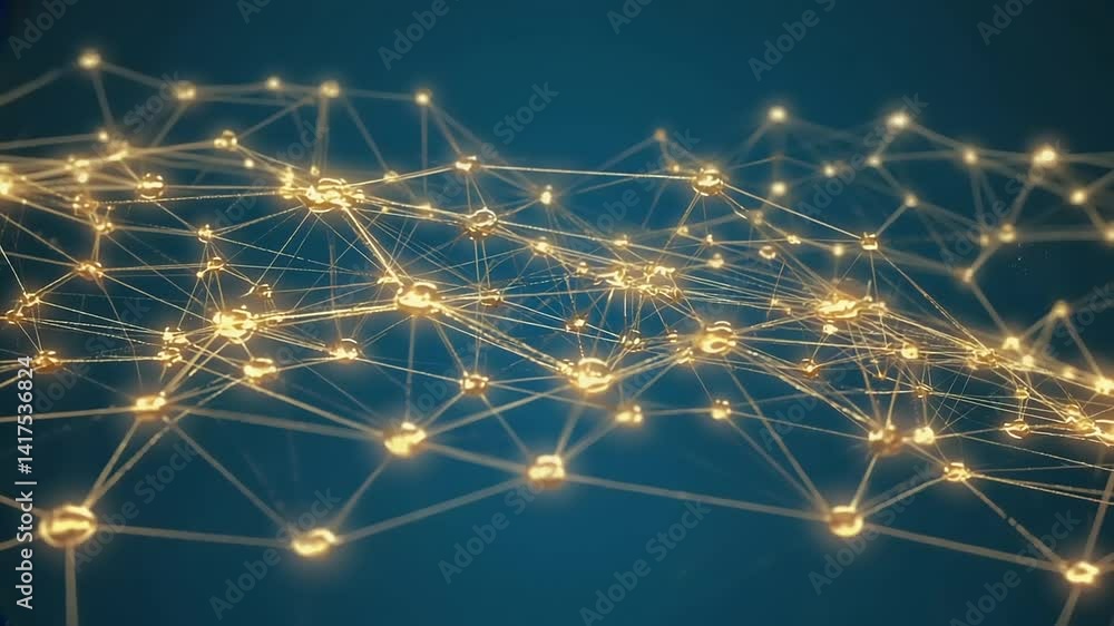 Poster abstract network of interconnected glowing spheres.