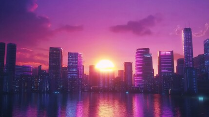 Fototapeta premium Vibrant cityscape reflecting in tranquil water at mesmerizing sunset hour