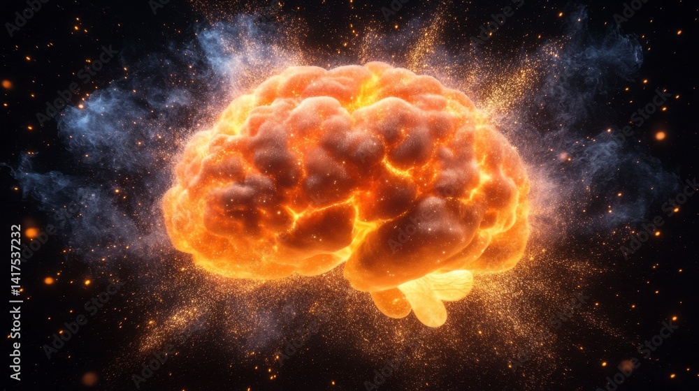 Poster glowing orange brain exploding with sparks against a dark background.