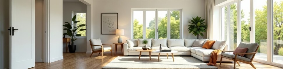 Opened white door leading to bright and airy modern living room with stylish furniture and decor, white, decor