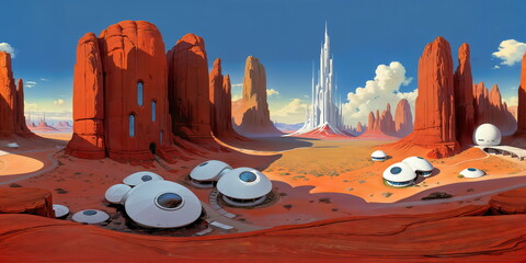 Full 360 degrees seamless spherical panorama HDRI equirectangular projection. A red rock landscape, futurist utopia. Texture environment map for lighting and reflection source rendering 3d scenes