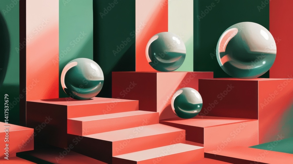 Poster illustration of colorful geometric shapes of smooth and shiny spheres on steps of square platforms a