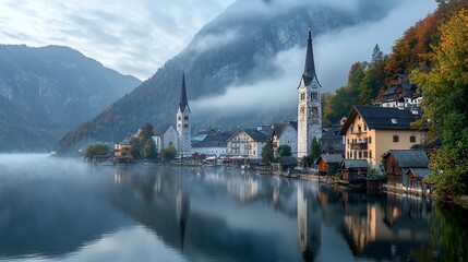 Lakeside village in misty morning
