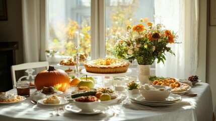 Festive table setting with baked vegetables, pie, apples, pumpkins and decorations on white tablecloth with natural sunlight from window.