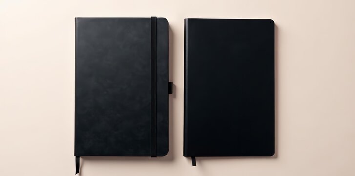 Pair of closed and open black notebooks, minimalistic design, duo, minimalistic design