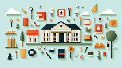 Obraz premium Flat design illustration of a school building surrounded by various educational icons and elements on a light blue background.