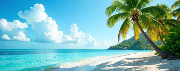 Palm trees sway in the gentle breeze on a tropical island, island, relaxation, tropical