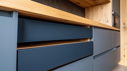 Modern kitchen cabinetry with dark gray drawers and light wood countertop.