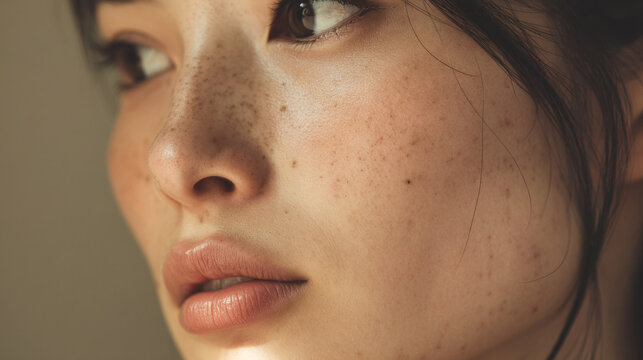 Close up portrait of asian woman with freckles and natural skin looking away beauty and skincare concept