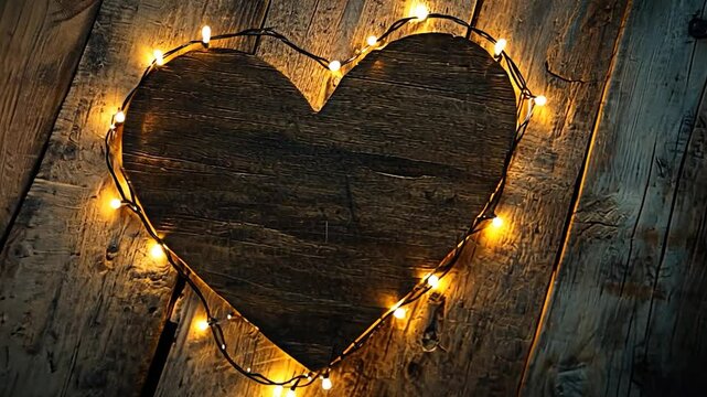 Wooden heart with string lights on rustic wood