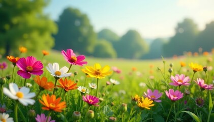 Fototapeta premium Diverse flowers bloom together in lush meadow landscape , spring, blooming
