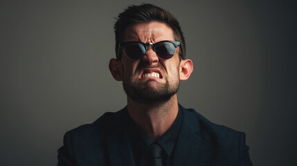 Obraz premium Angry man portrait wearing sunglasses with a suit and tie looking annoyed and stressed expression
