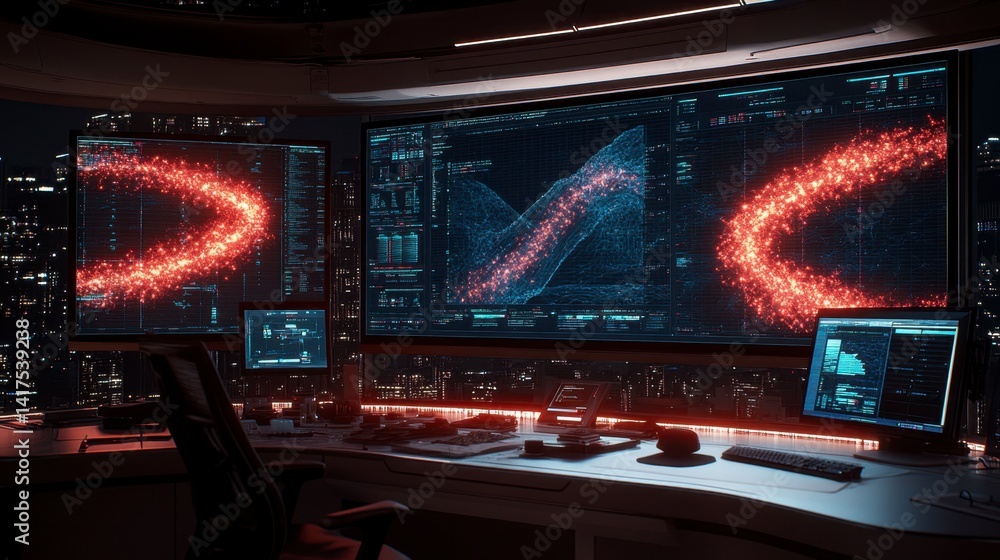 Poster futuristic control room at night with glowing digital displays showing abstract data patterns.