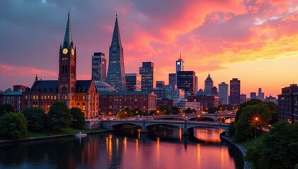 Obraz premium Downtown Saint Paul city hall and Cathedral of Saint Paul at sunset, downtown, church