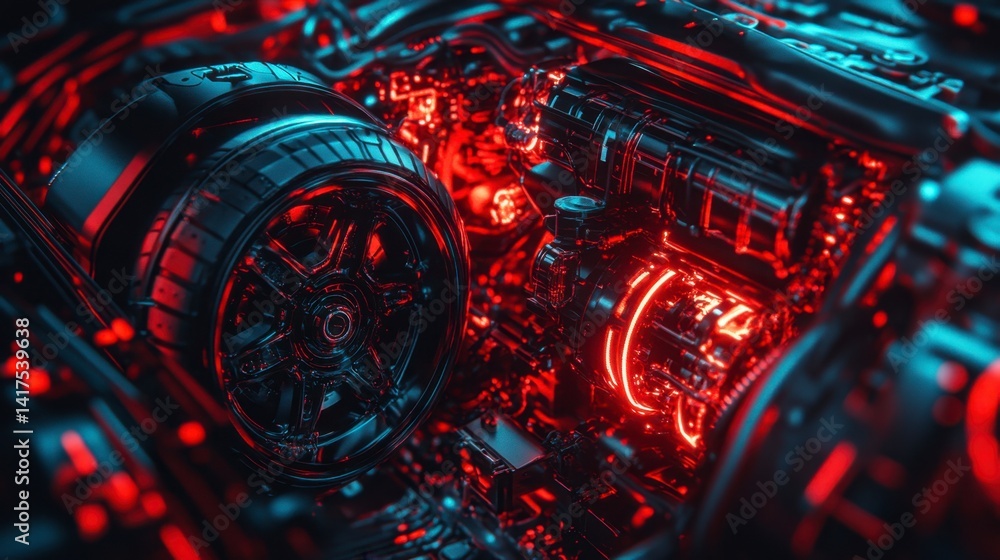 Aufkleber close up view of a futuristic engine with red and black glowing components, detailed mechanical part