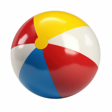Colorful inflatable beach ball with red, yellow, blue, and white panels, classic summer toy for outdoor fun and pool games, isolated on transparent background.
