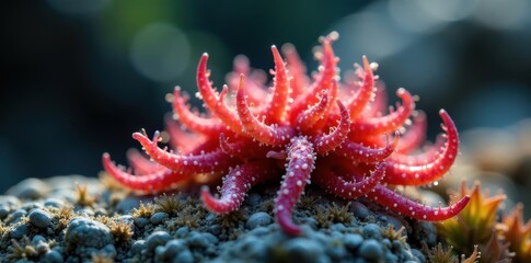 Obraz premium Drosera Capensis plant with sticky tentacles on a grey rock, greenery, leaves