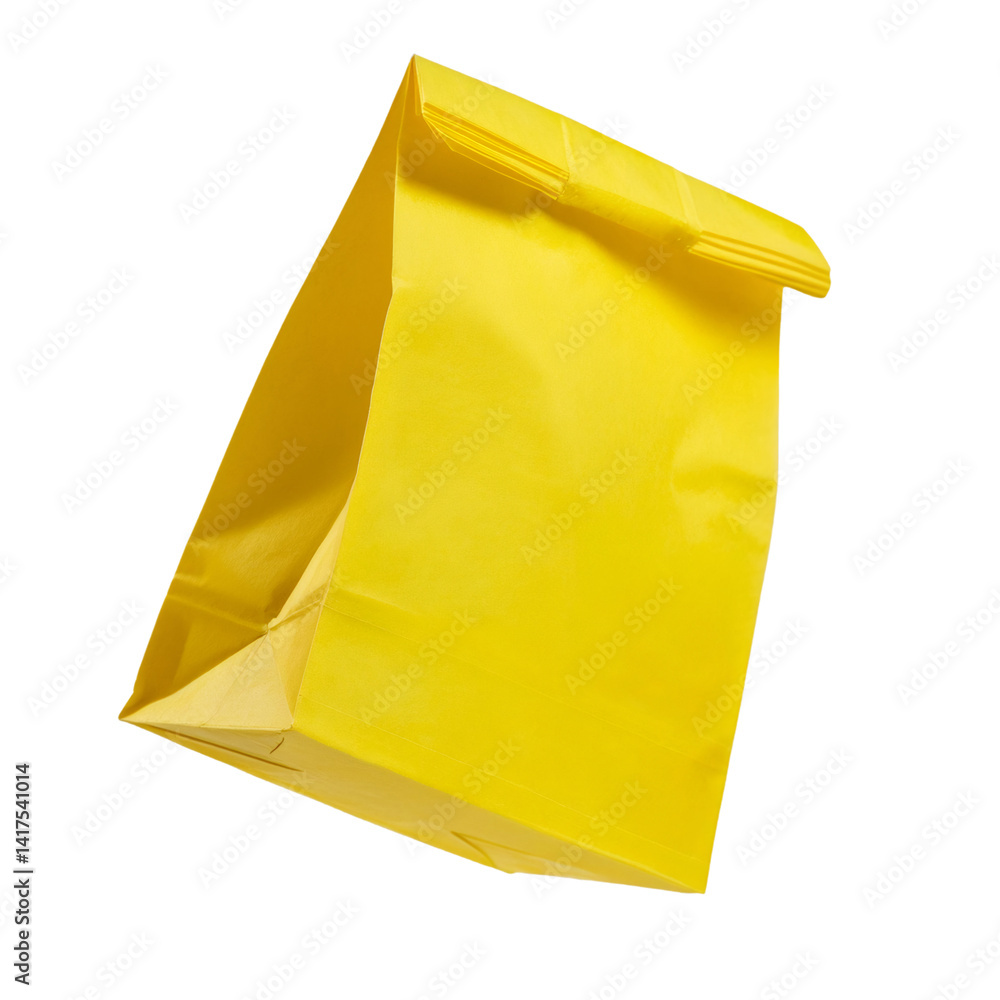 Poster closed yellow paper lunch bag floating on a transparent background with clipping path included
