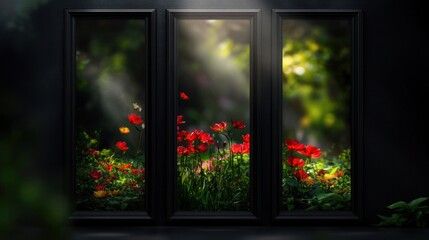 Framed garden windows, sunlit flowers, nature scene, interior display